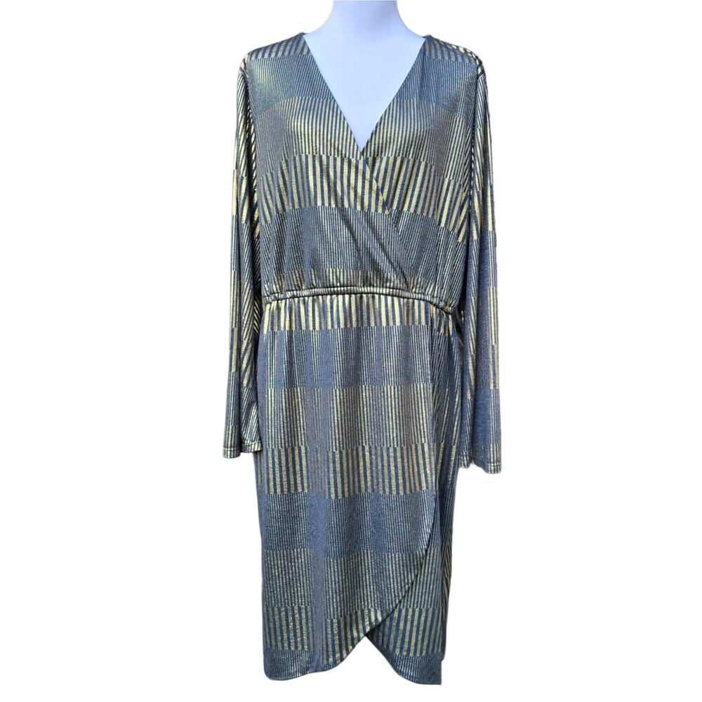 Hutch Dress Plus Size 1X Gray Bell Sleeve Faux Wrap Stretch Gray Gild Foil